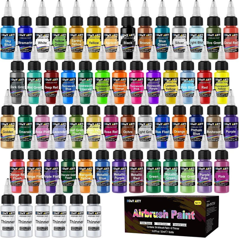 HOMY ARTY Airbrush Paint - 54 Colors with 6 Thinner, Ready to Spray Airbrush Paint Set, Water-Based Acrylic Air Brush Paints for Metal, Plastic Models, Canvas, Wood - 60 Bottles - Image 1